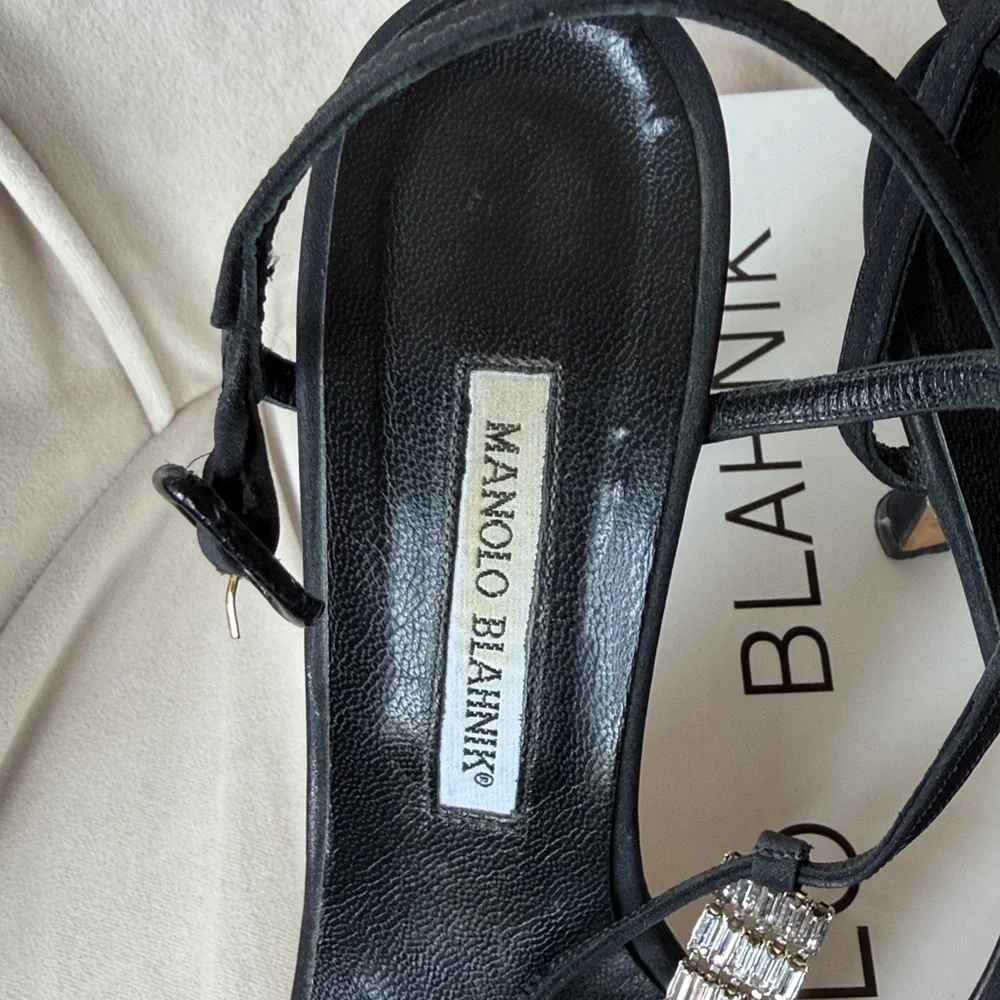 MANOLO BLAHNIK Vintage Black Crystal-Column T-Strap Sandal Size 38.5 8.5